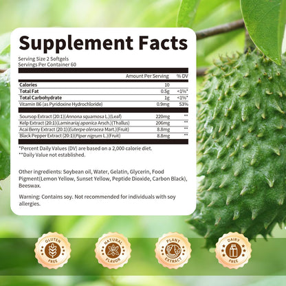 BBEEAAUU Soursop Graviola Capsules with Kelp – Immunity & Digestive Support (120 Count)
