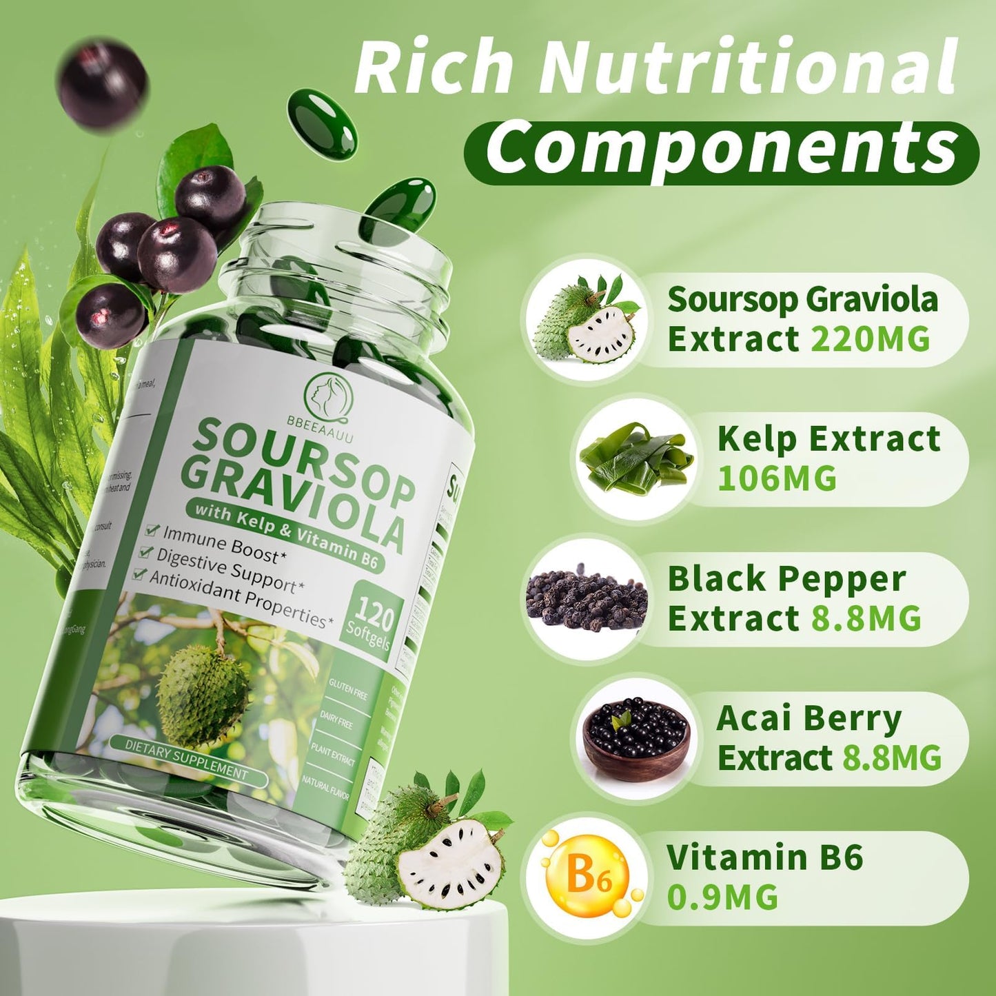 BBEEAAUU Soursop Graviola Capsules with Kelp – Immunity & Digestive Support (120 Count)