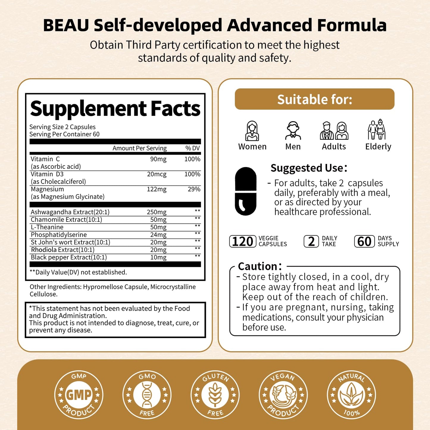 BBEEAAUU 10-in-1 Cortisol Reducer – Ashwagandha & Magnesium, 120 Capsules