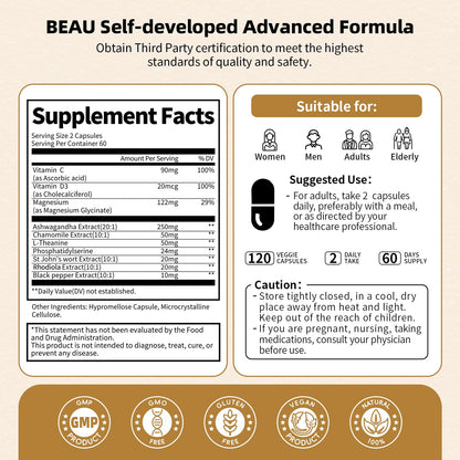 BBEEAAUU 10-in-1 Cortisol Reducer – Ashwagandha & Magnesium, 120 Capsules