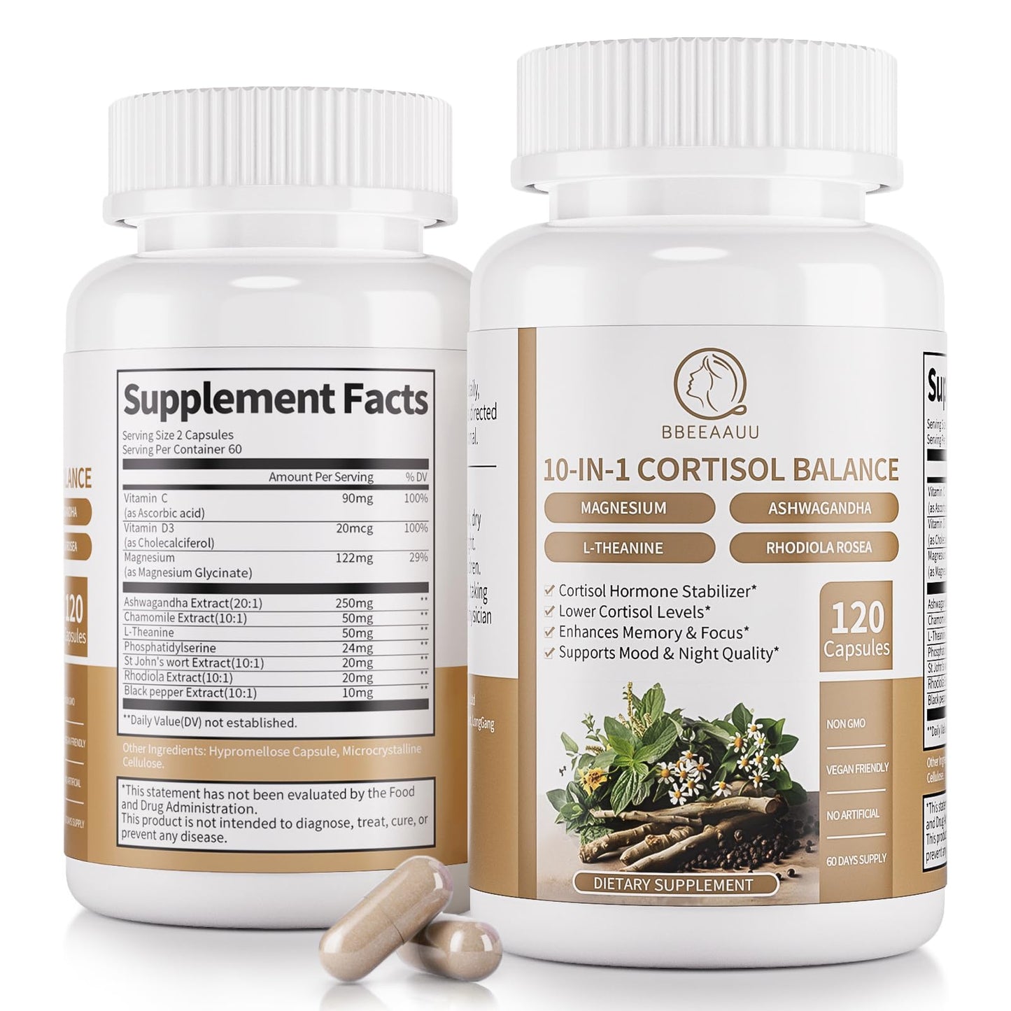 BBEEAAUU 10-in-1 Cortisol Reducer – Ashwagandha & Magnesium, 120 Capsules