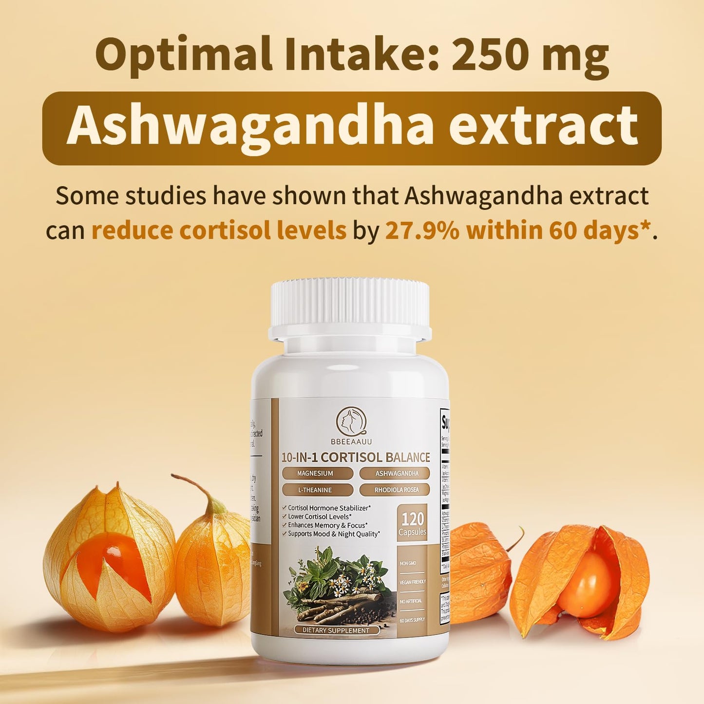 BBEEAAUU 10-in-1 Cortisol Reducer – Ashwagandha & Magnesium, 120 Capsules