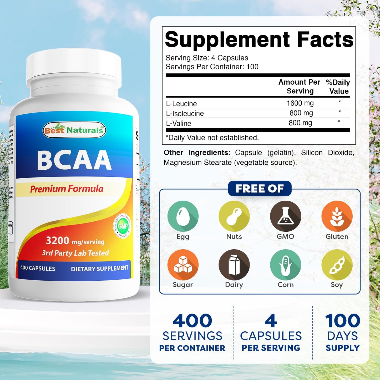Best Naturals BCAA 3200mg | 400 Capsules | Pharmaceutical Grade | Instantized