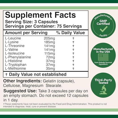 Essential Amino Acids (EAAs & BCAAs) - 1g per Serving Powder | 225 Capsules | Gluten Free | Double Wood
