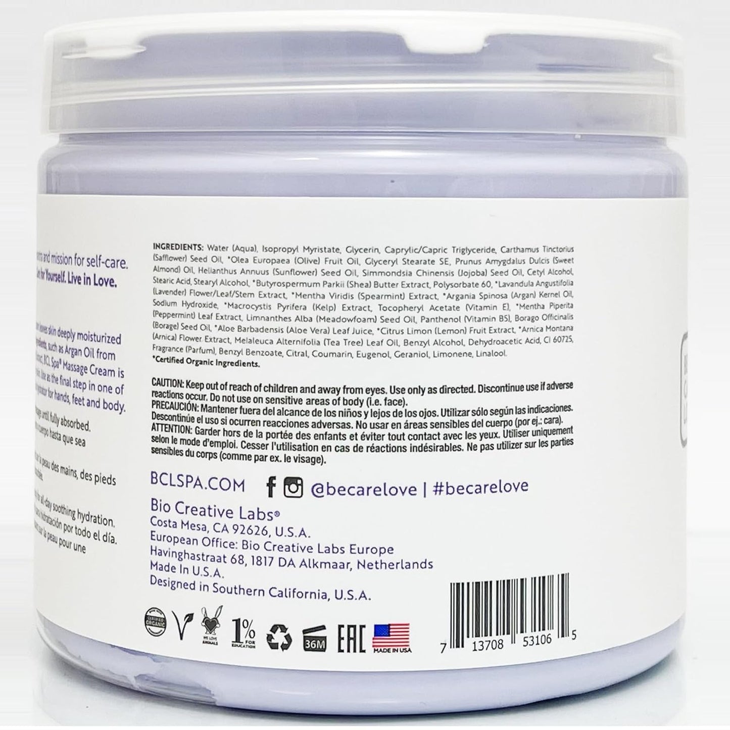 BCL SPA Massage Cream - Organic Lavender & Mint Body Lotion | 16 oz | Home & Pro Use