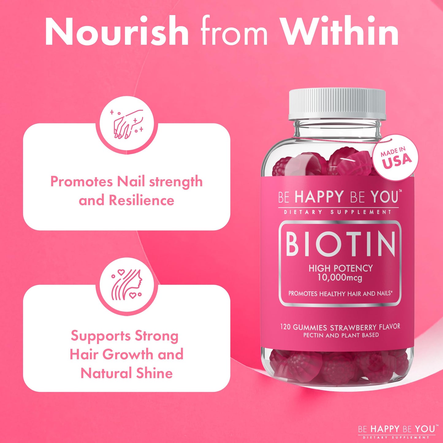 Be Happy Be You Biotin Gummies 10,000mcg – 120 Count – Vegan, Non-GMO, Made in USA
