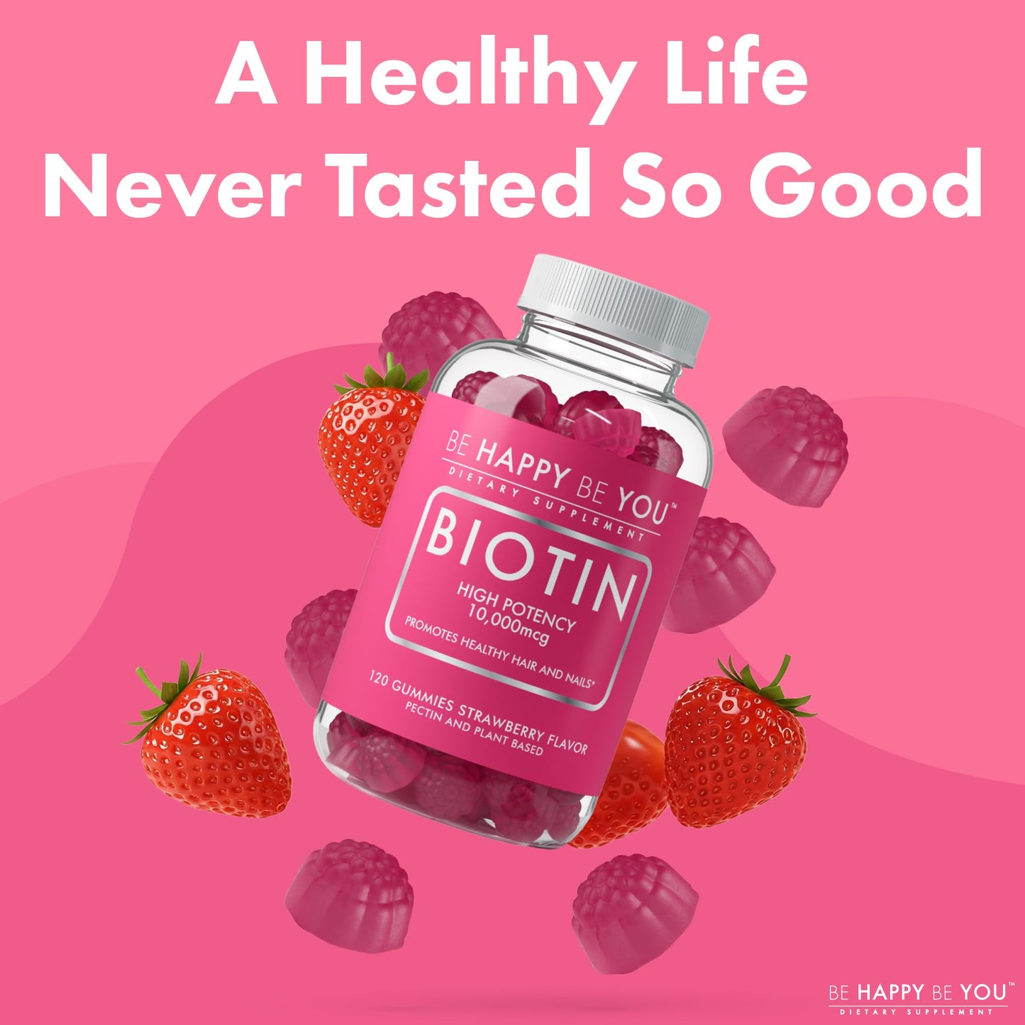 Be Happy Be You Biotin Gummies 10,000mcg – 120 Count – Vegan, Non-GMO, Made in USA