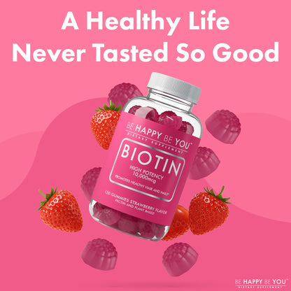 Be Happy Be You Biotin Gummies 10,000mcg – 120 Count – Vegan, Non-GMO, Made in USA