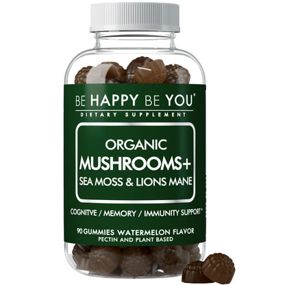 Be Happy Be You Organic Mushroom Sea Moss Gummies - Watermelon 90 Ct | Lion’s Mane & Immune Support | Vegan