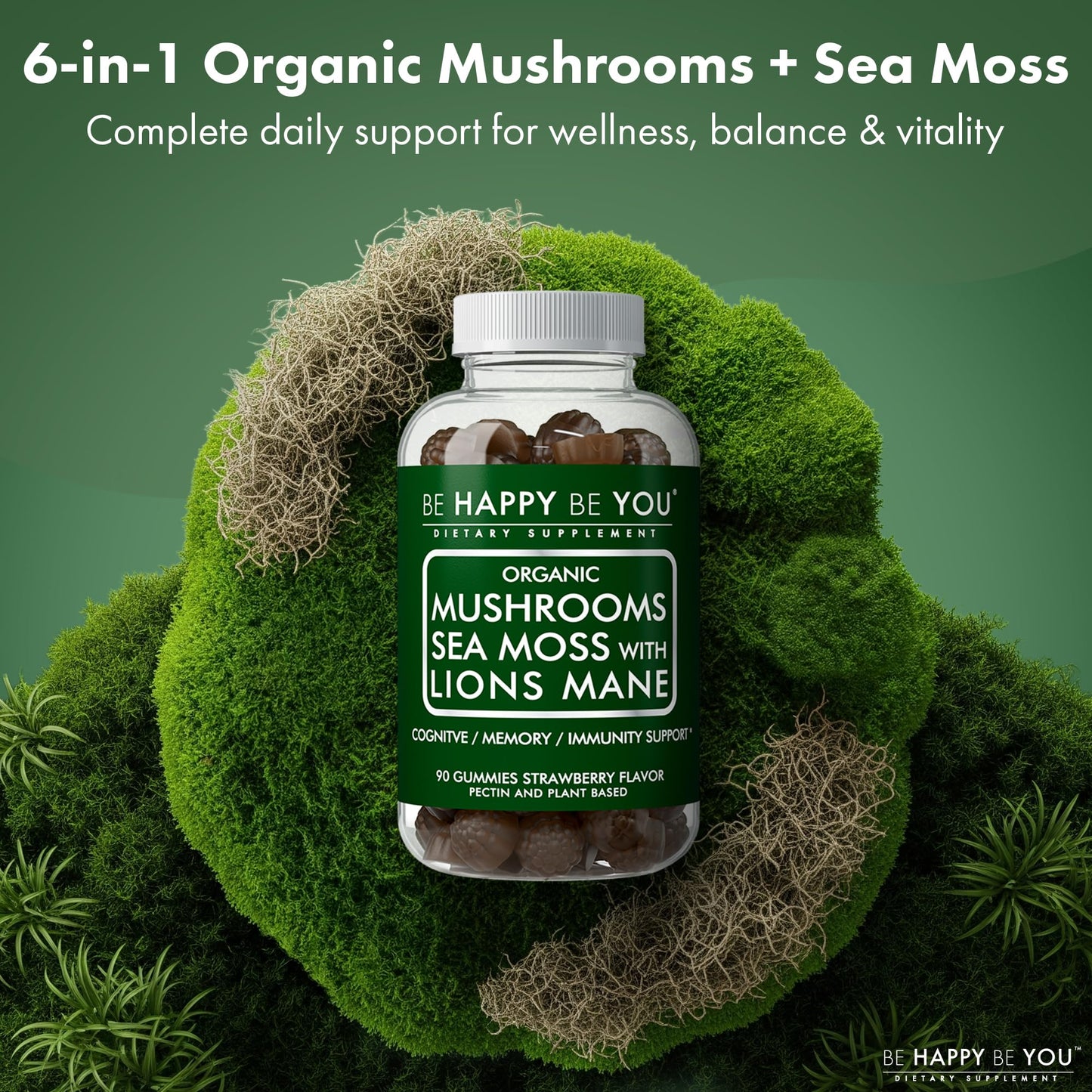 Be Happy Be You Organic Mushroom Sea Moss Gummies - Watermelon 90 Ct | Lion’s Mane & Immune Support | Vegan