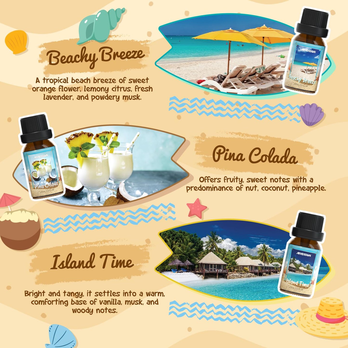 Beach Fragrance Oils Set for Diffusers | ARVIDSSON Summer Essential Oils