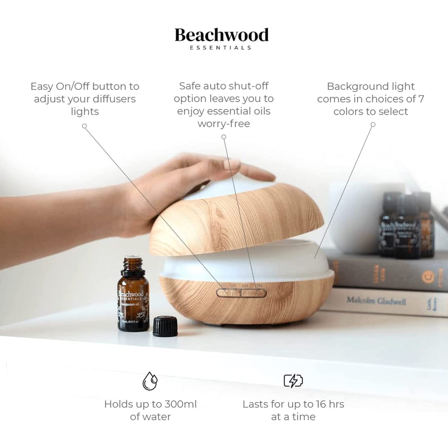 Beachwood Essentials Ultimate Ultrasonic Aromatherapy Diffuser - Therapeutic Grade, 3 Timer, 7 Ambient Lights, 16 Hours, Bamboo 300mL