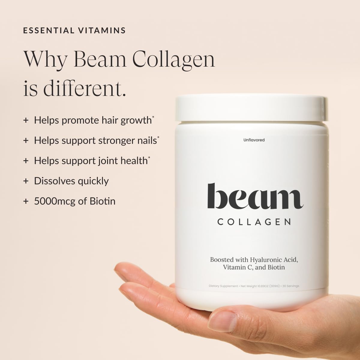 Beam Collagen Powder for Women – Grass-Fed Collagen Peptides 1 & 3 with Hyaluronic Acid, Biotin, & Vitamin C | 30 Servings