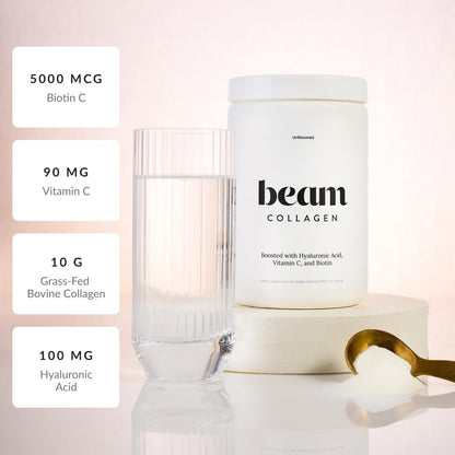 Beam Collagen Powder for Women – Grass-Fed Collagen Peptides 1 & 3 with Hyaluronic Acid, Biotin, & Vitamin C | 30 Servings