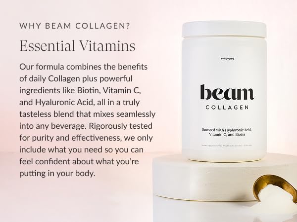 Beam Collagen Powder for Women – Grass-Fed Collagen Peptides 1 & 3 with Hyaluronic Acid, Biotin, & Vitamin C | 30 Servings