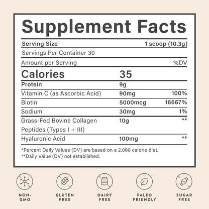 Beam Collagen Powder for Women – Grass-Fed Collagen Peptides 1 & 3 with Hyaluronic Acid, Biotin, & Vitamin C | 30 Servings