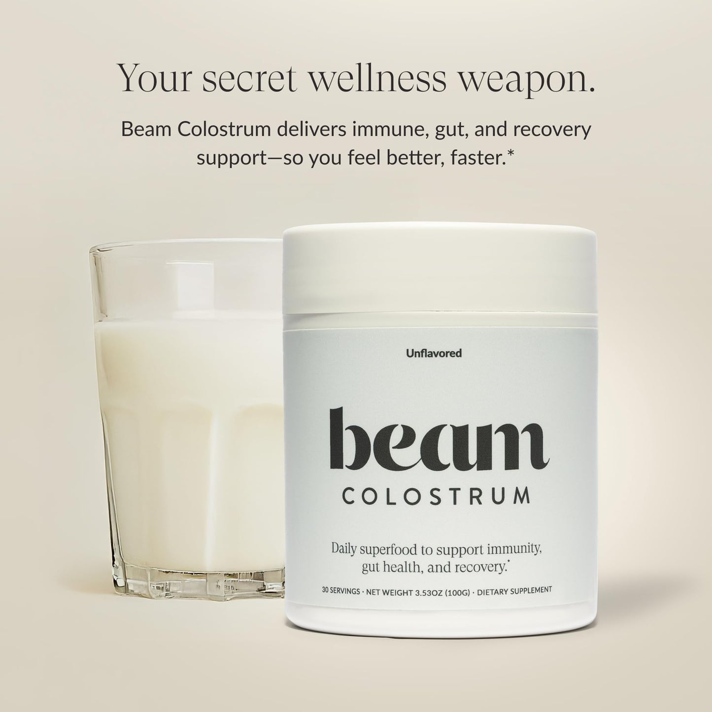 Beam Colostrum Powder – Gut Health, Immune Support & Recovery (3 g per Serving) | Grass-Fed, 30 Servings