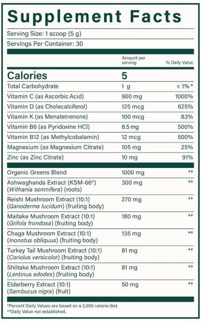Beam Greens Powder, Superfood Supplement for Gut Health, Vegan Organic Blend with Ashwagandha, Vitamin C, B12, B6, D, Non-GMO Daily Detox & Immune Support, Strawberry Kiwi Flavor, 15 Servings