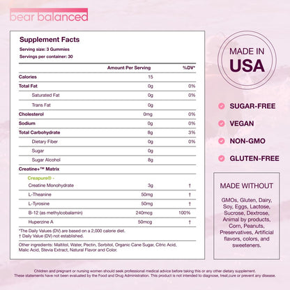 Bear Balanced Creatine Gummies with Creapure Monohydrate, L-Theanine & B12 – Focus, Energy & Strength (Vegan, Sugar-Free, Low-Calorie) BritishVita | Premium UK Vitamins & Wellness Supplements