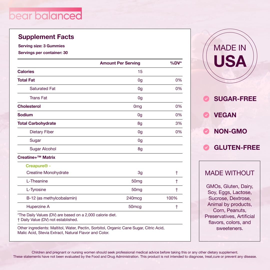 Bear Balanced Creatine Gummies with Creapure Monohydrate, L-Theanine & B12 – Focus, Energy & Strength (Vegan, Sugar-Free, Low-Calorie) BritishVita | Premium UK Vitamins & Wellness Supplements