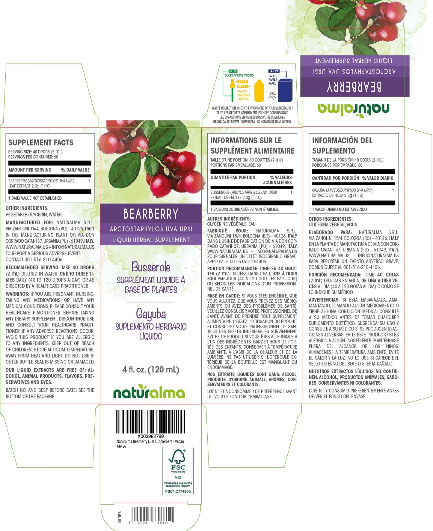Naturalma Bearberry Leaf Tincture 4oz – Alcohol-Free, Vegan Drops