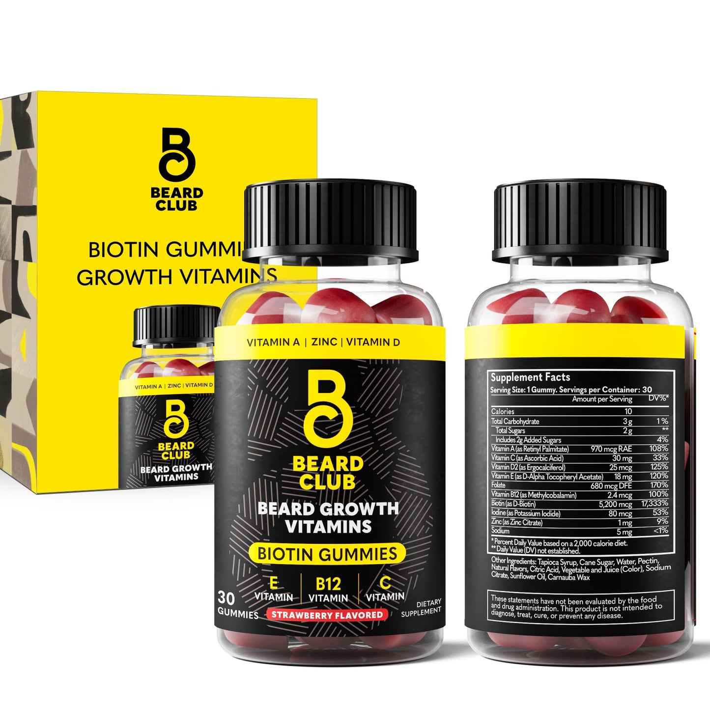Beard Club Biotin Beard Growth Gummies – Men’s Vitamin for Thicker Beard (Biotin, B12, E & C) – Strawberry