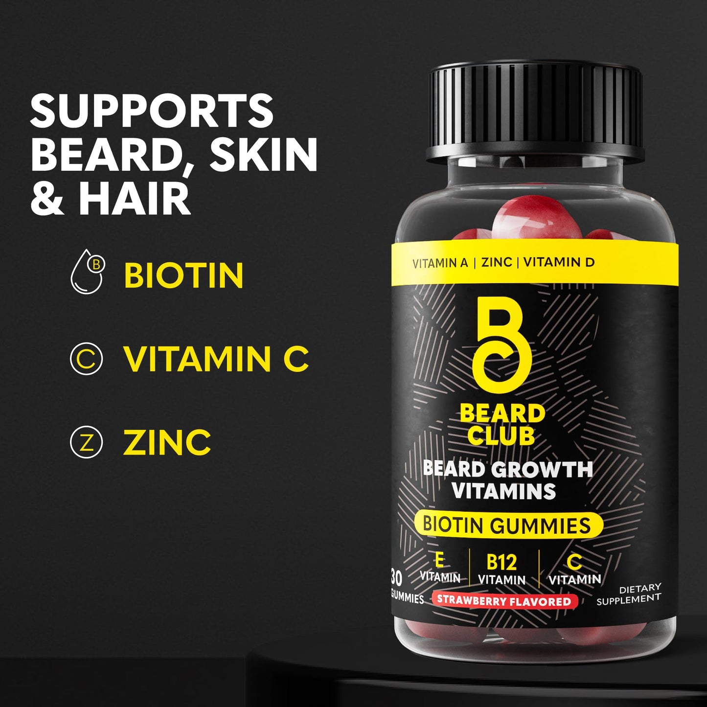 Beard Club Biotin Beard Growth Gummies – Men’s Vitamin for Thicker Beard (Biotin, B12, E & C) – Strawberry