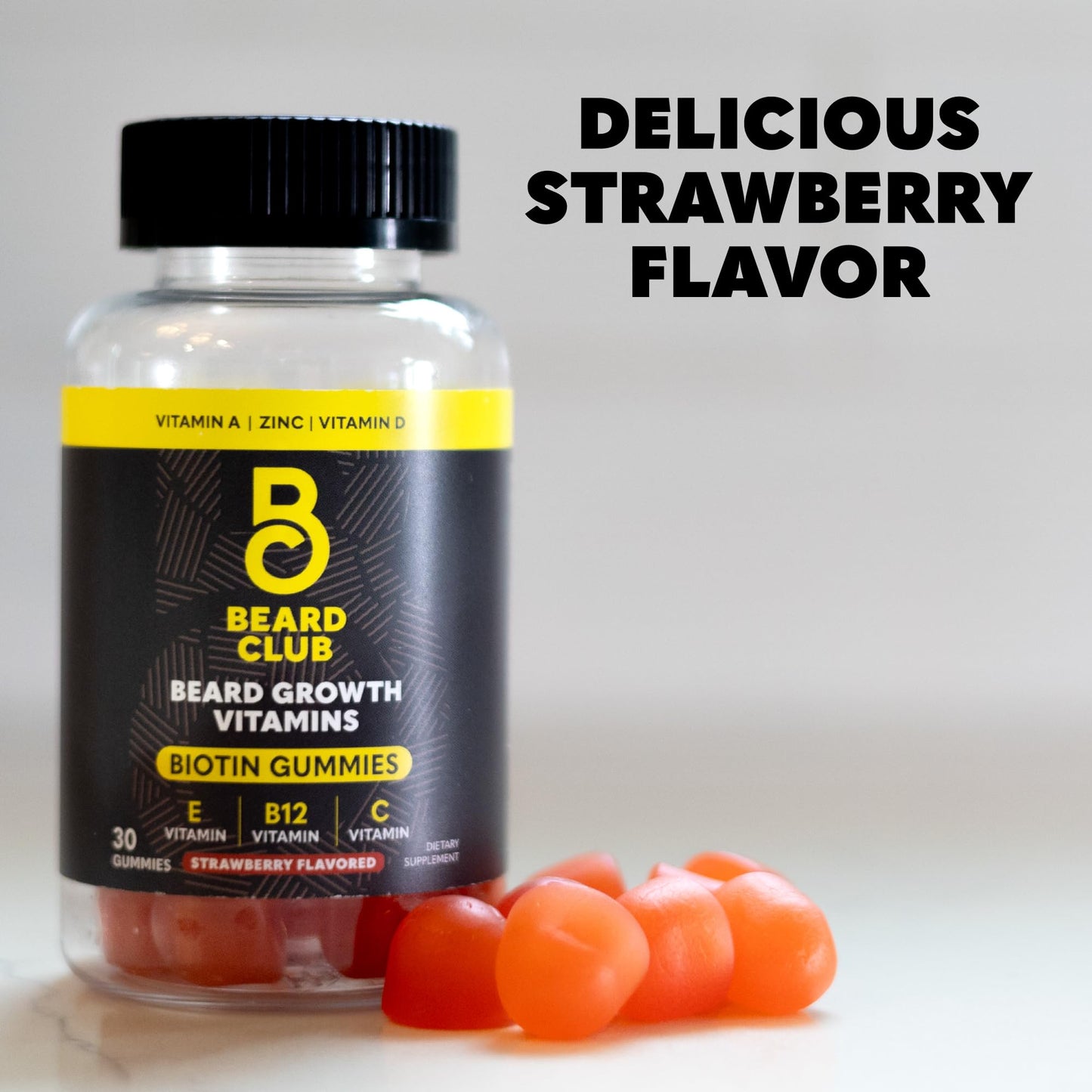 Beard Club Biotin Beard Growth Gummies – Men’s Vitamin for Thicker Beard (Biotin, B12, E & C) – Strawberry