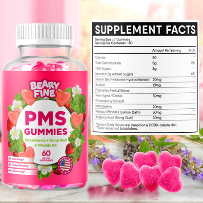 Beary Fine PMS Gummies - PMS Relief for Women & Teens, Strawberry, 60 Count - USA Made