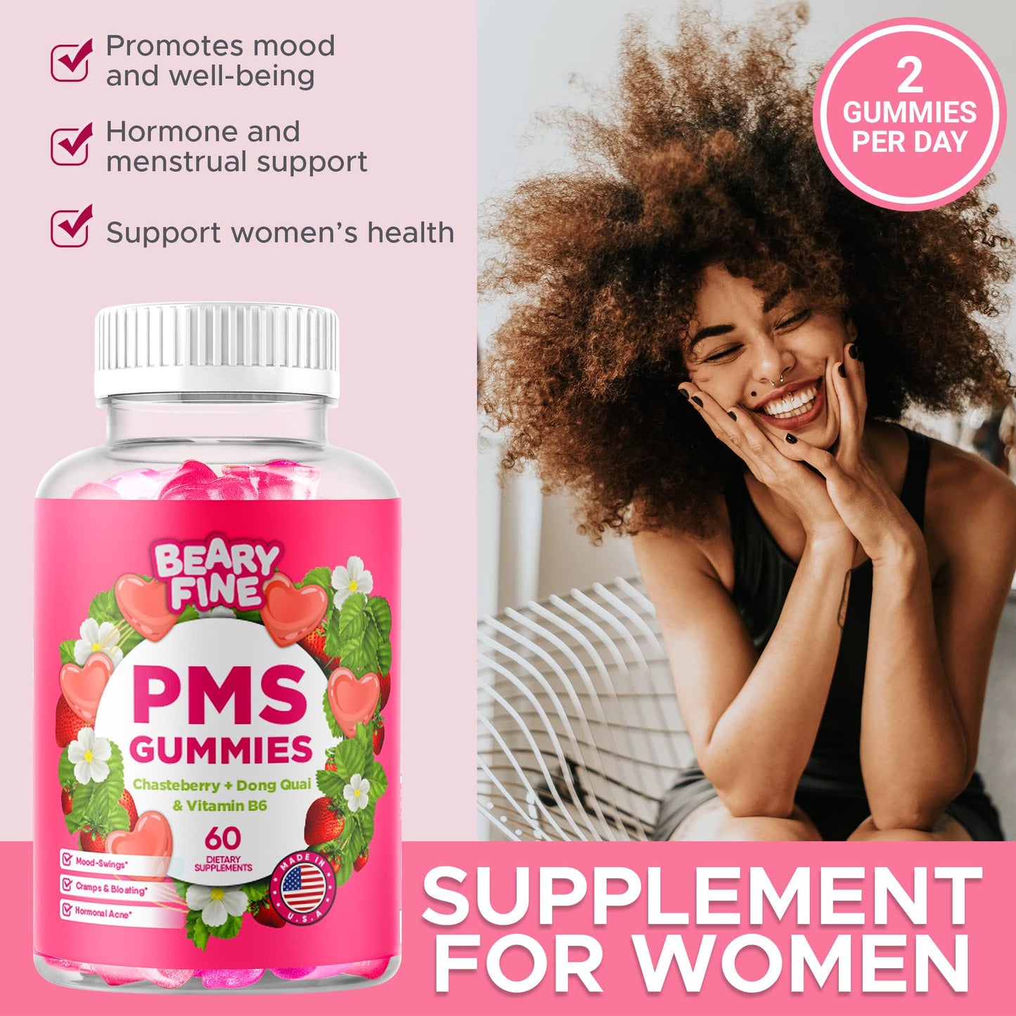 Beary Fine PMS Gummies - PMS Relief for Women & Teens, Strawberry, 60 Count - USA Made