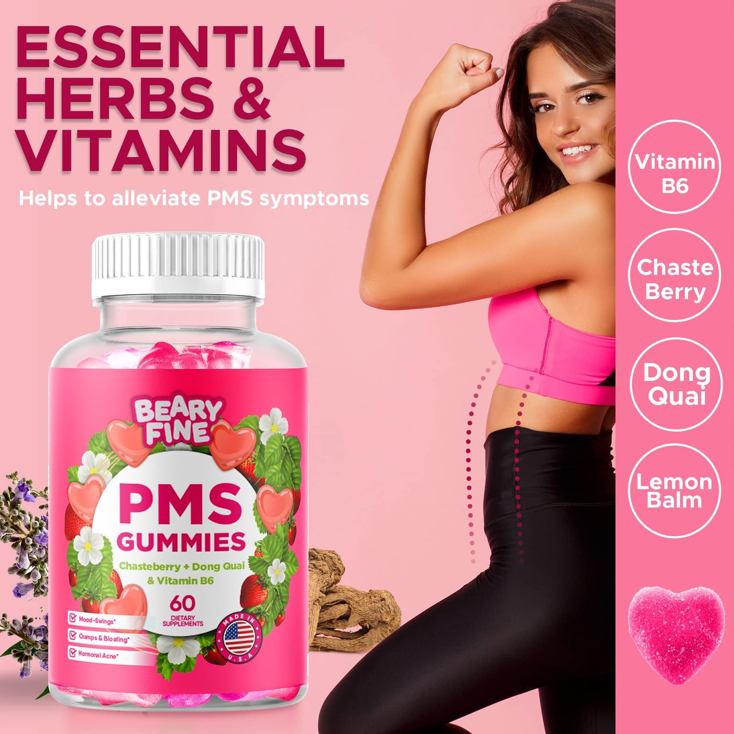 Beary Fine PMS Gummies - PMS Relief for Women & Teens, Strawberry, 60 Count - USA Made