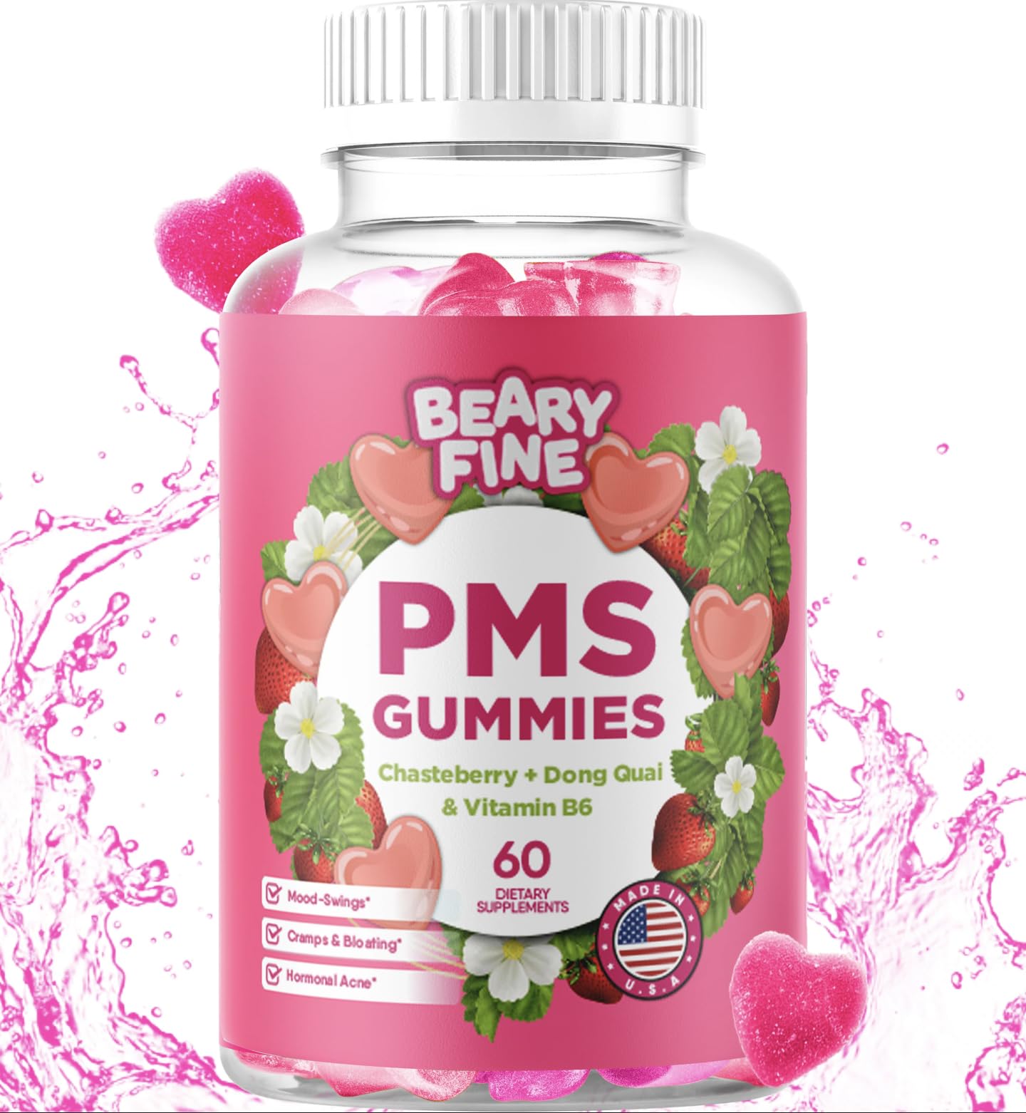 Beary Fine PMS Gummies - PMS Relief for Women & Teens, Strawberry, 60 Count - USA Made