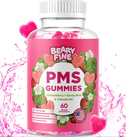 Beary Fine PMS Gummies - PMS Relief for Women & Teens, Strawberry, 60 Count - USA Made