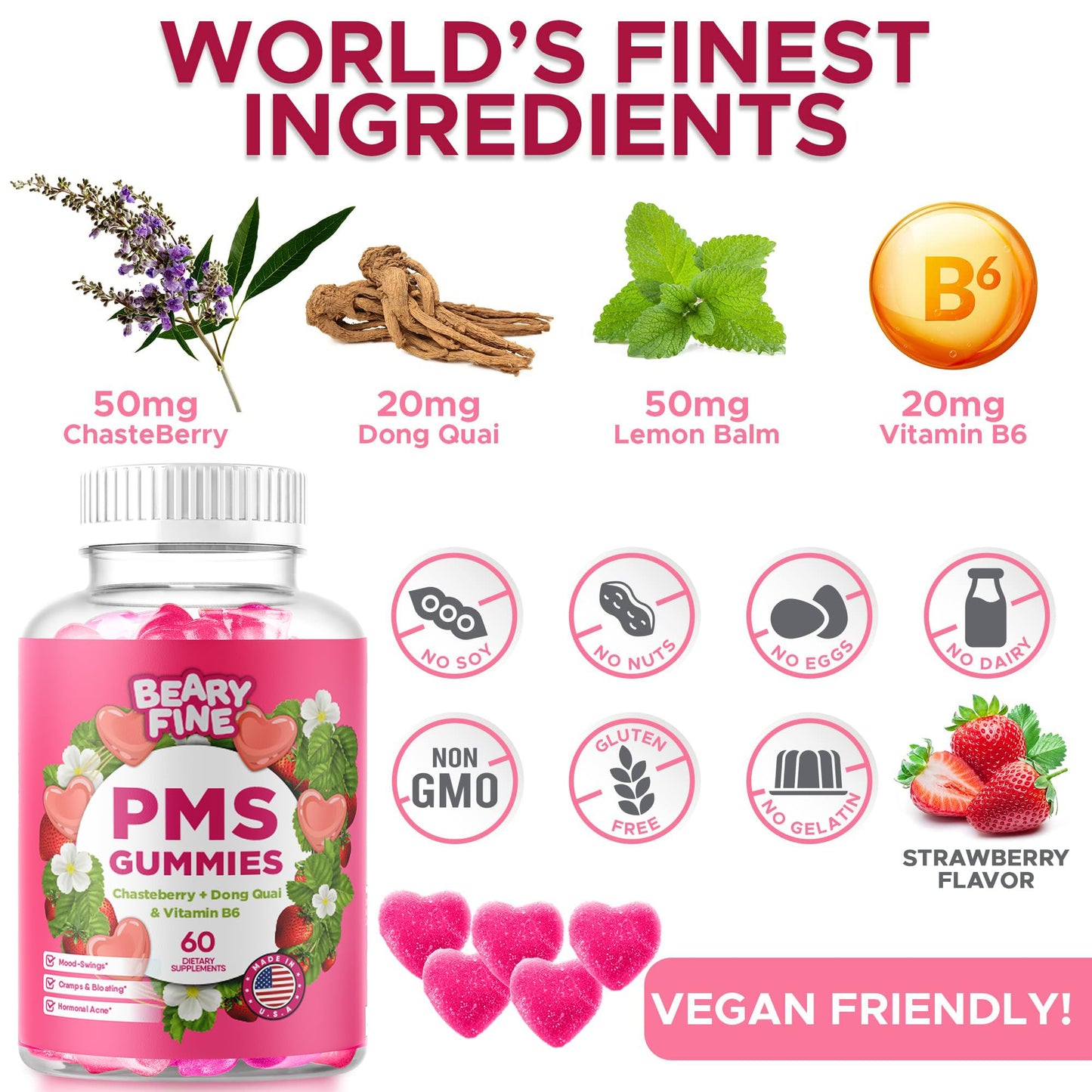 Beary Fine PMS Gummies - PMS Relief for Women & Teens, Strawberry, 60 Count - USA Made