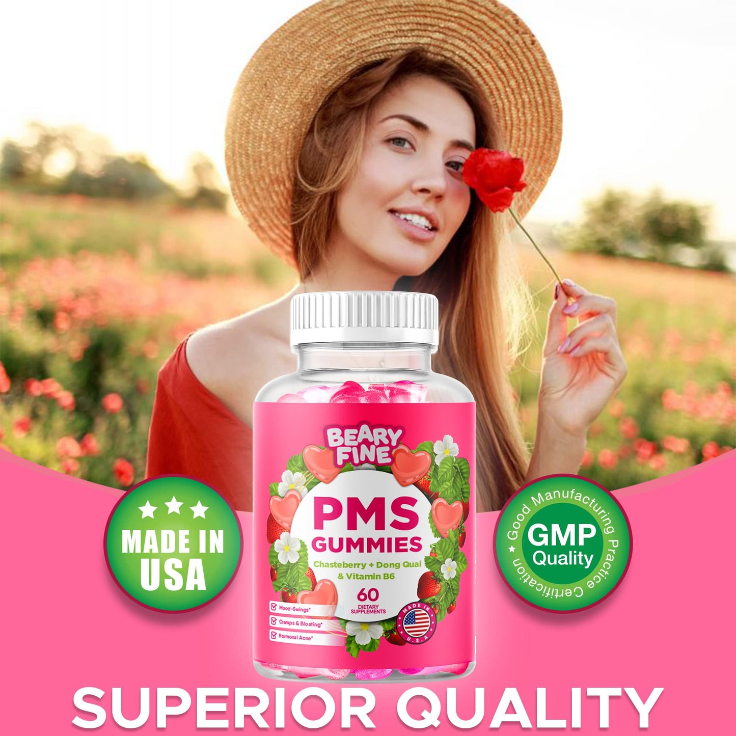 Beary Fine PMS Gummies - PMS Relief for Women & Teens, Strawberry, 60 Count - USA Made