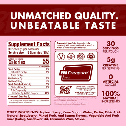 BEAST BITES Creatine Gummies - 5g Creapure Creatine Monohydrate per Serving | NSF Certified for Sport | 30 Servings