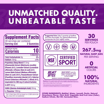 Beast Bites - Valerian Infused Sleep & Nighttime Recovery Gummies - NSF Certified for Sport - 30 Servings