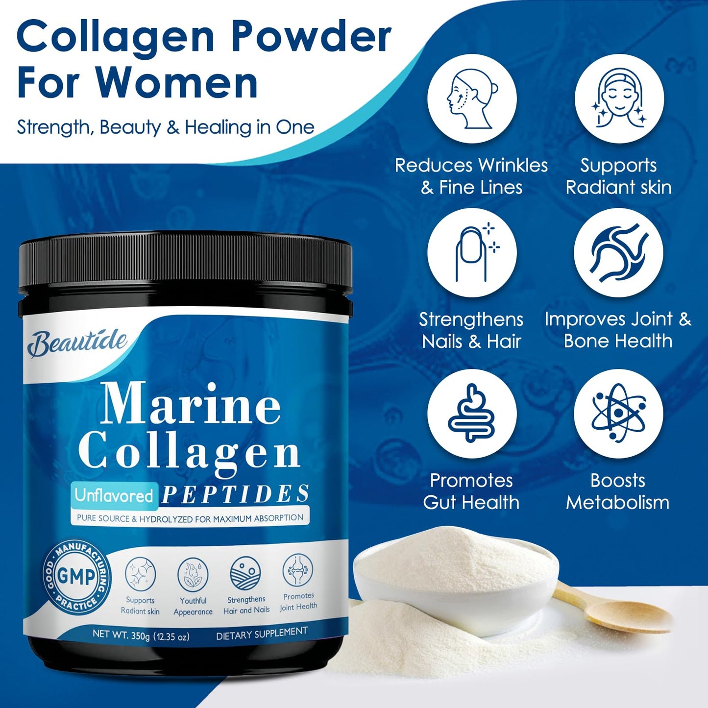 Beautide Marine Collagen Peptides Powder – Wild-Caught Fish, Vitamin C, Hyaluronic Acid, Non-GMO, 35 Servings