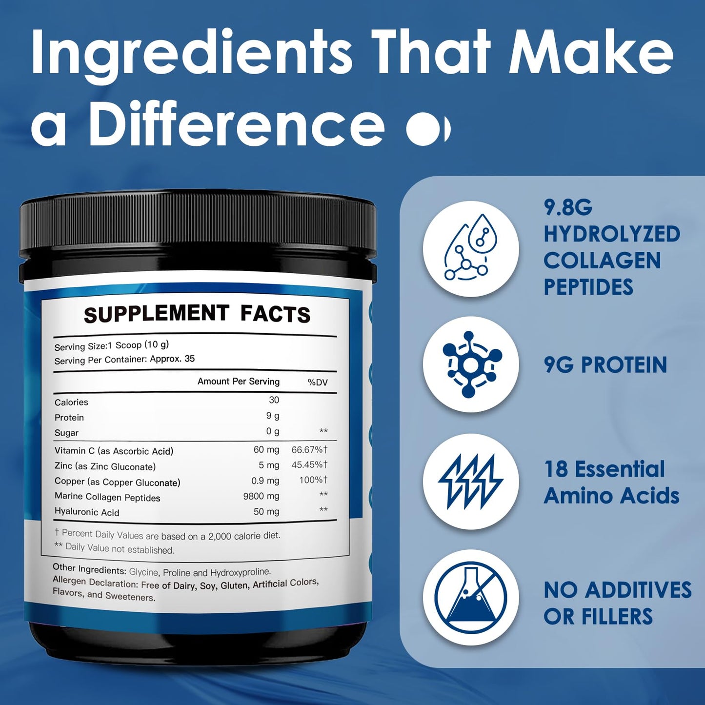 Beautide Marine Collagen Peptides Powder – Wild-Caught Fish, Vitamin C, Hyaluronic Acid, Non-GMO, 35 Servings