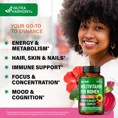 Multivitamin for Women 47-in-1 | Hair Growth, Digestion & Metabolism | Iron | Made in USA | 90 Capsules