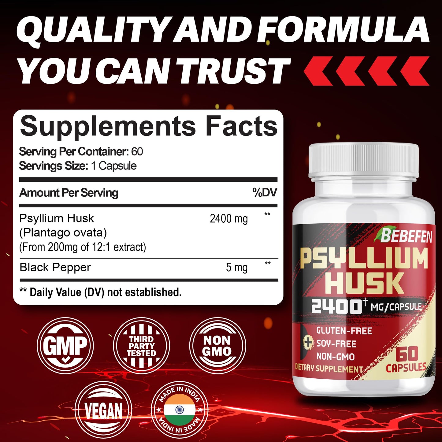 BEBEFEN Psyllium Husk Capsules 2400mg with Black Pepper – 2 Month Supply