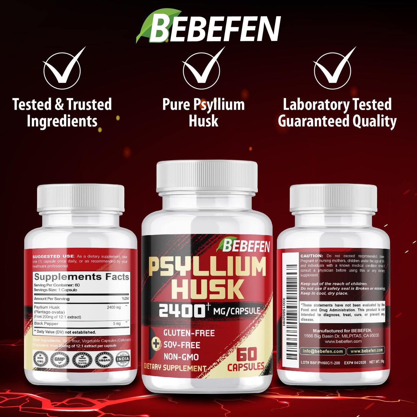 BEBEFEN Psyllium Husk Capsules 2400mg with Black Pepper – 2 Month Supply