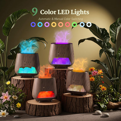 JJNJJN 200ml Wood Grain Essential Oil Diffuser – Himalayan Salt Lamp, Auto Off, 9-Color LED (Black)