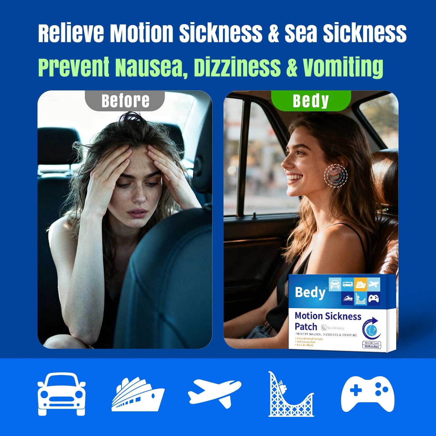 Bedy Motion Sickness Patches – Non-Drowsy, 72H Relief for Travel (Adults & Kids)