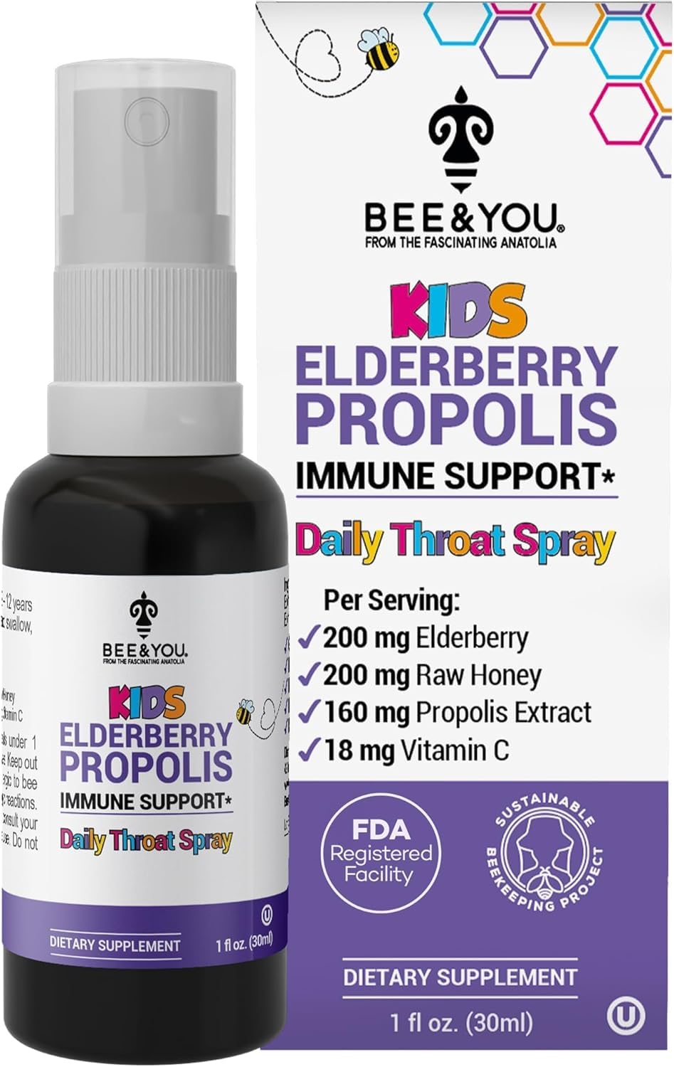 Bee and You Kids Immune Support Throat Spray – Elderberry, Propolis, Vitamin C (1 oz)