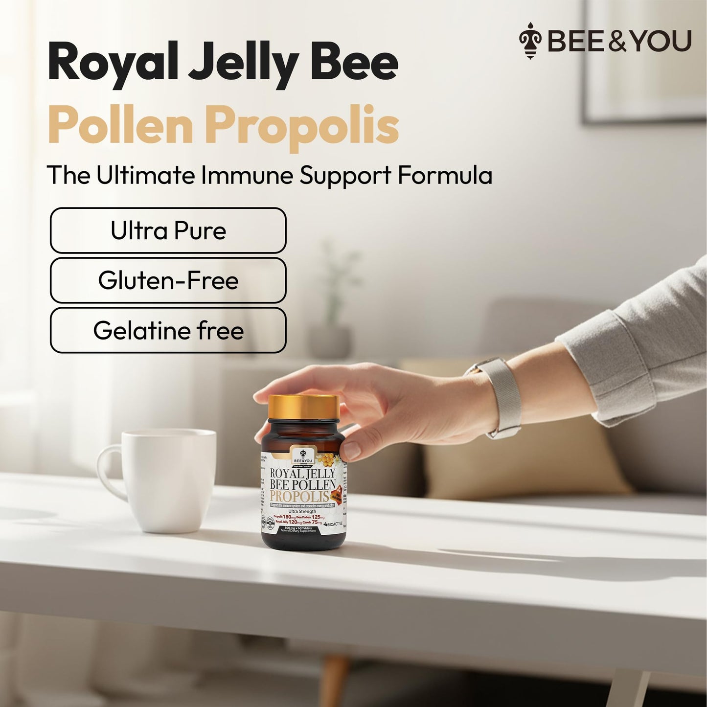 Bee and You Royal Jelly Tablets – Propolis & Bee Pollen for Immune Support | 60ct