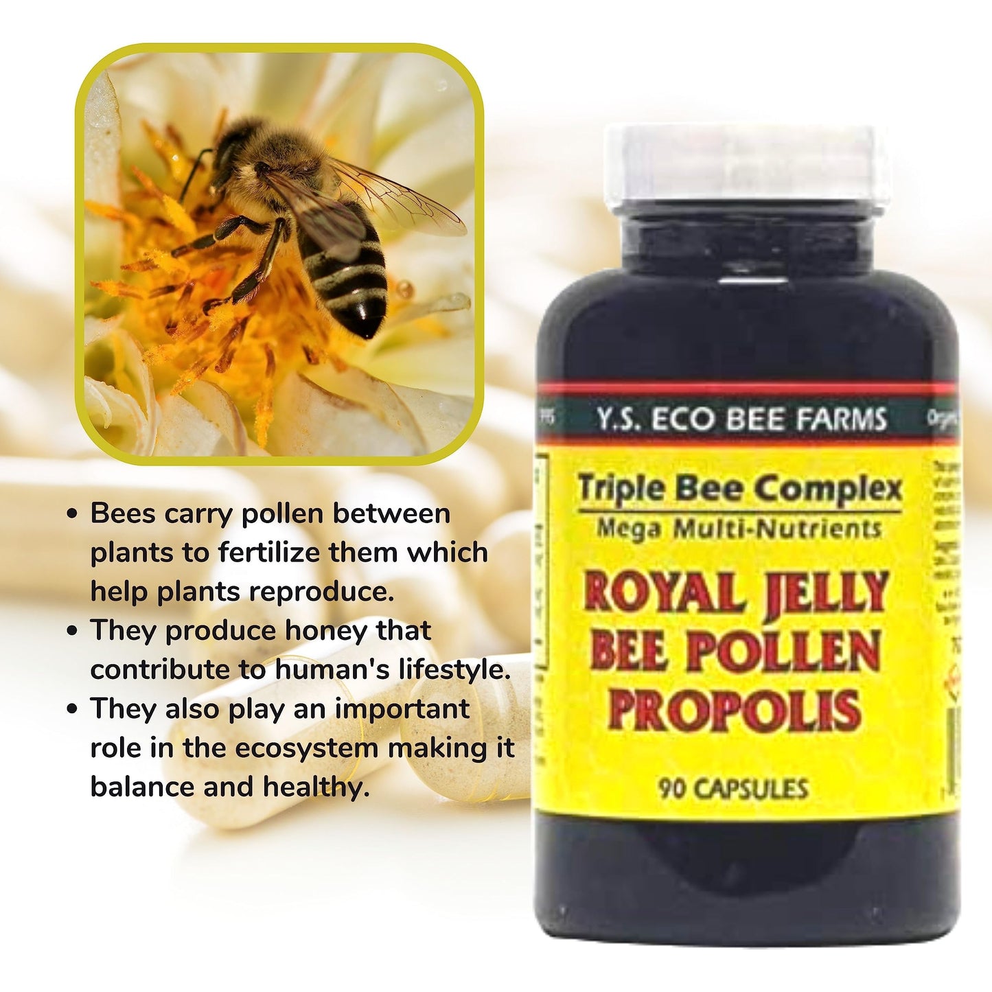 YS Organics Triple Bee Complex - Royal Jelly, Bee Pollen & Propolis | 90 Capsules + Bonus Key Chain