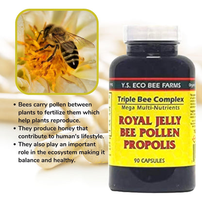 YS Organics Triple Bee Complex - Royal Jelly, Bee Pollen & Propolis | 90 Capsules + Bonus Key Chain