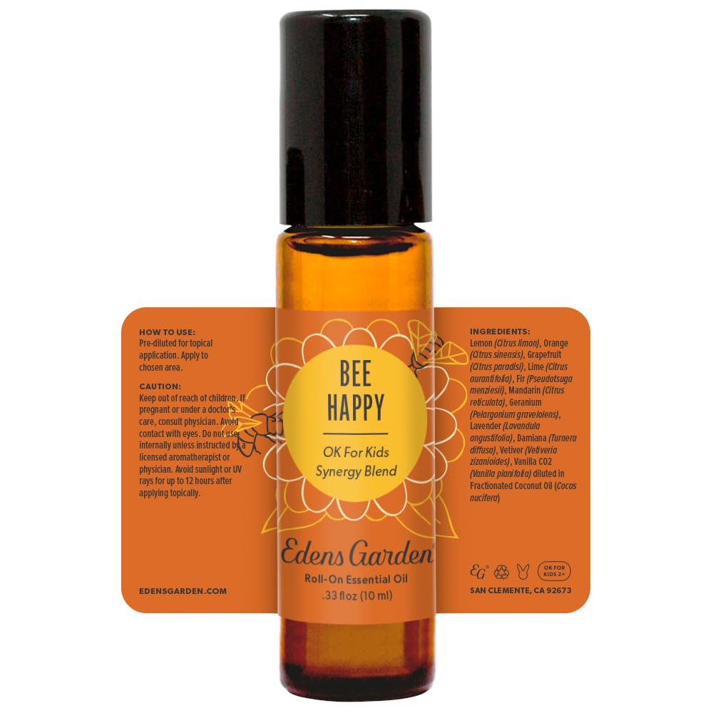 Edens Garden Bee Happy Essential Oil Roll-On Blend- 100% Pure Premium Grade, Natural, Therapeutic, Aromatherapy, Kid & Skin Safe, The Best for Relaxation, Tension Pre-Diluted 10 ml (.33 fl oz)