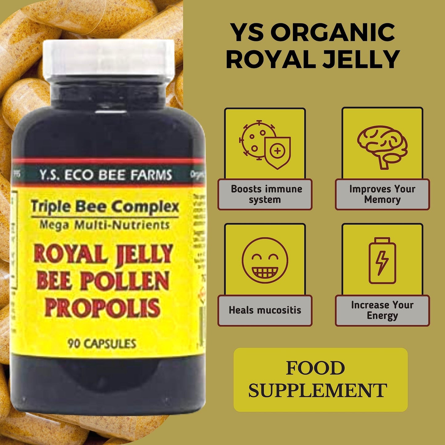 YS Organics Triple Bee Complex - Royal Jelly, Bee Pollen & Propolis | 90 Capsules + Bonus Key Chain